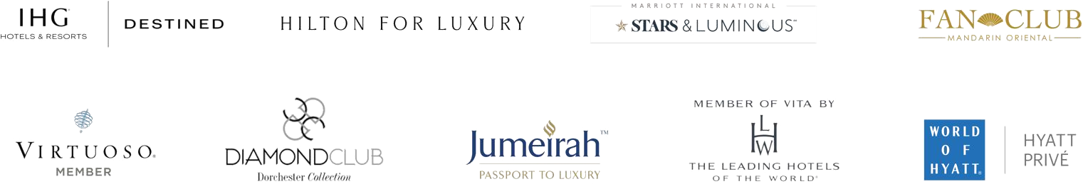 Our Hospitality Partners — IHG, Destined, Hilton for Luxury, Marriott Stars & Luminous, Mandarin Oriental Fan Club, Virtuoso, Diamond Club Dorchester Collection, Jumeirah Passport to Luxury, Leading Hotels of the World, Hyatt Privé
